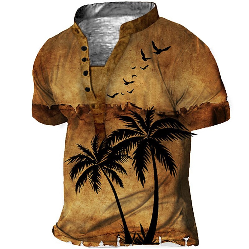 Men's 3D Print Graphic Patterned Coconut Tree Collar Henley T-shirt