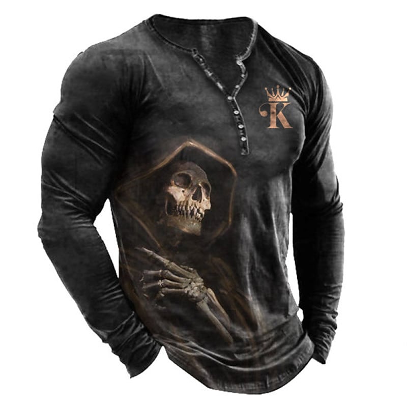 Printrendy Men's Henley 3D Print Graphic Patterned Skull Button-Down Long Sleeve T-shirt