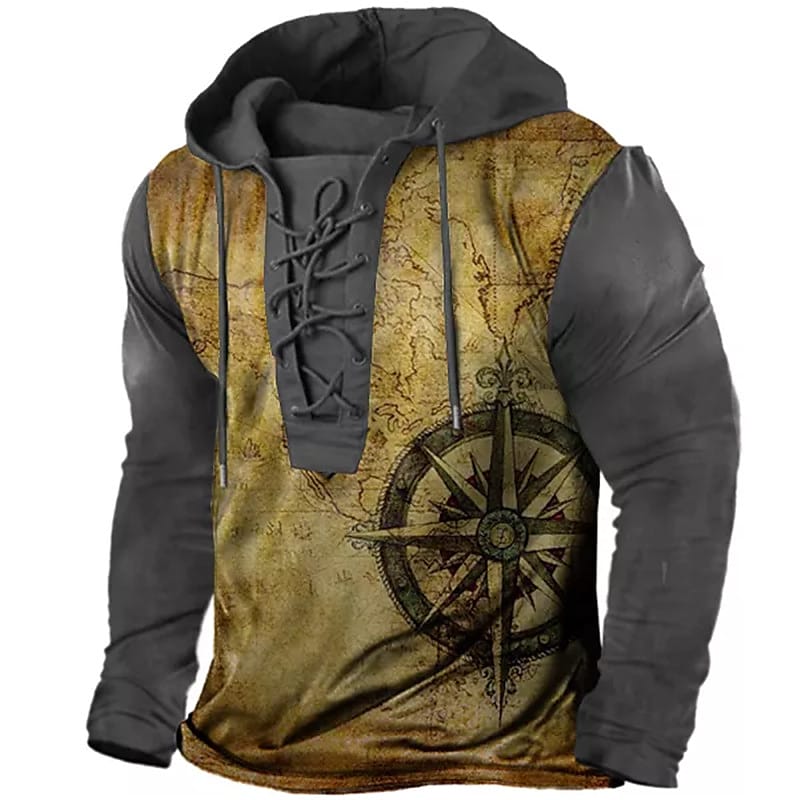 Printrendy Men's 3D Print Color Block Vintage Sailing Compass Print Lace up Hoodies Sweatshirts