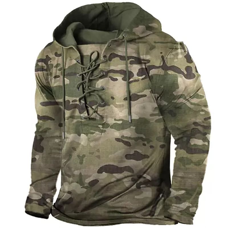 Printrendy Men's Pullover Camouflage Graphic Prints Lace up Hoodies Sweatshirts