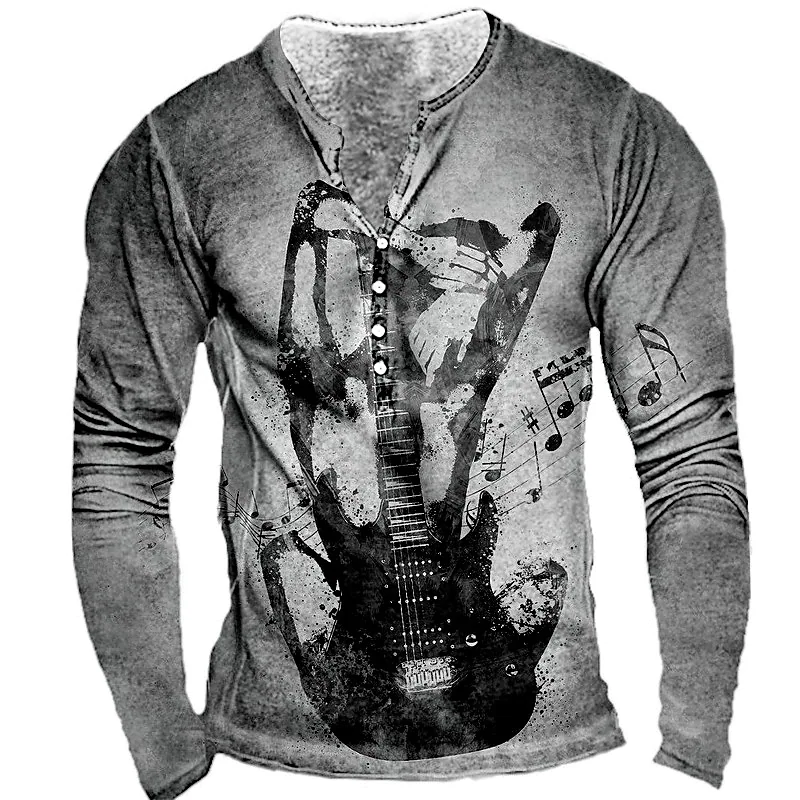 Men's Casual 3D Print Graphic Guitar Henley T-shirt