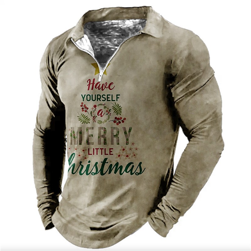 Printrendy Men's 3D Print Christmas Half Zipper Long Sleeve T-shirt