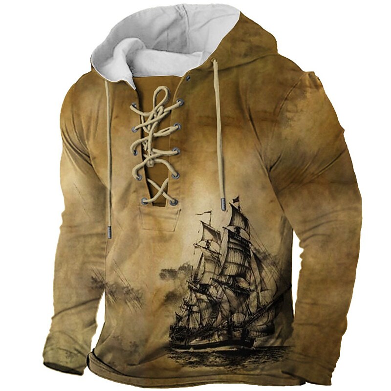 Printrendy Men's Pullover Sailboat Graphic Prints Lace up 3D Print Hoodie Sweatshirt