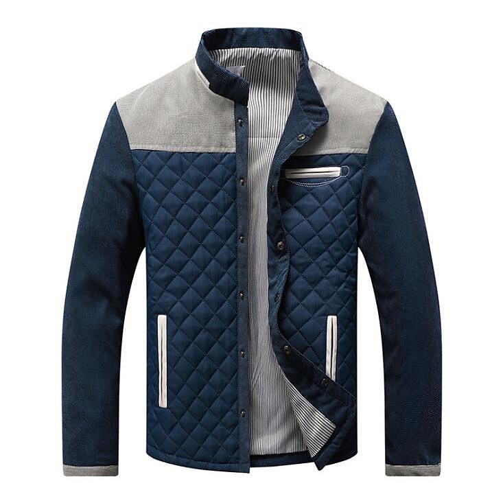 men's contrast stand collar button down quilted jacket (large, navy-grey)