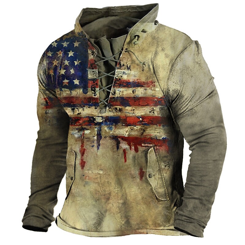 Printrendy Men's Pullover Stand Collar Graphic Prints National Flag Lace up Pocket Sweatshirts