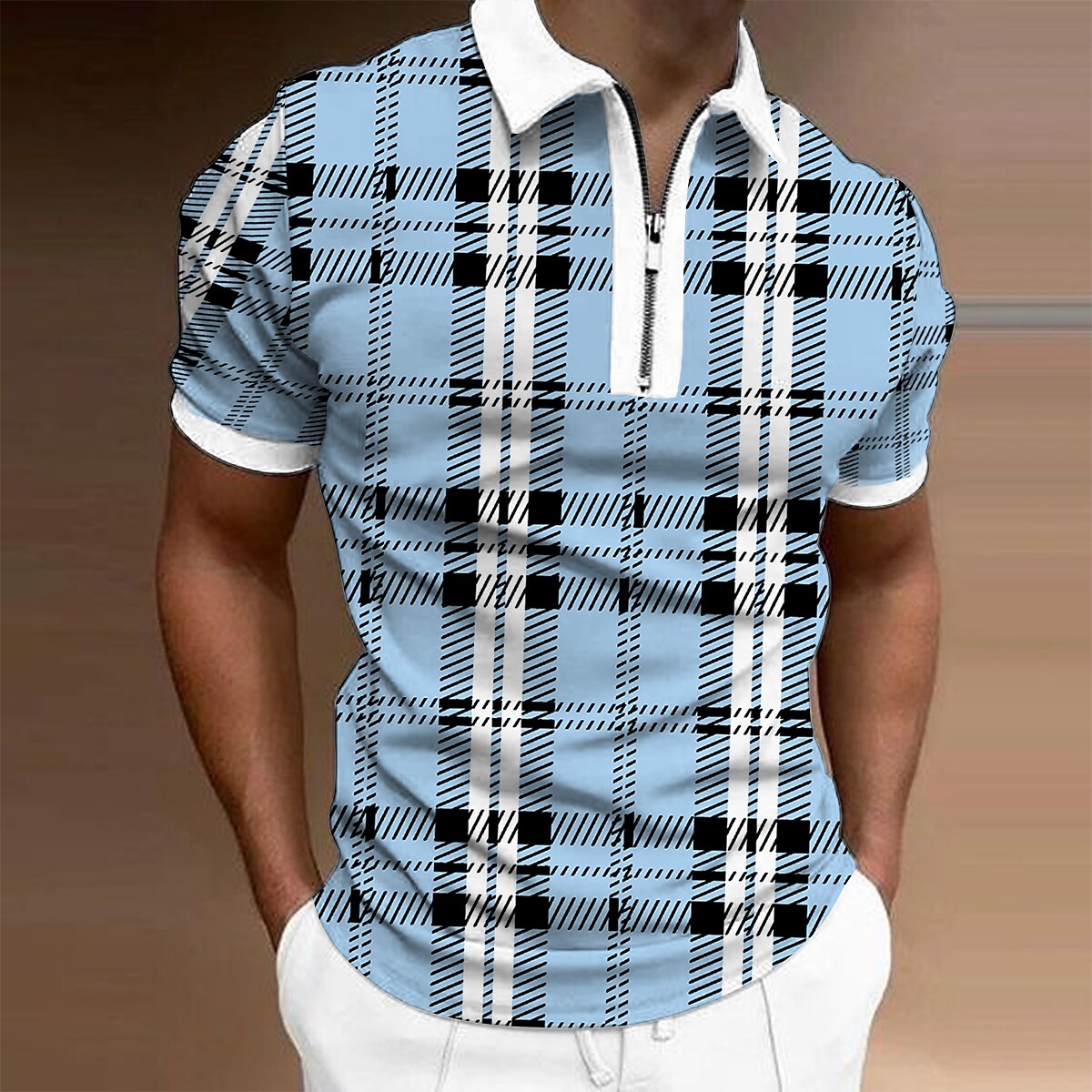 Men's Plaid Turndown Casual Daily Zipper Short Sleeve T Shirt