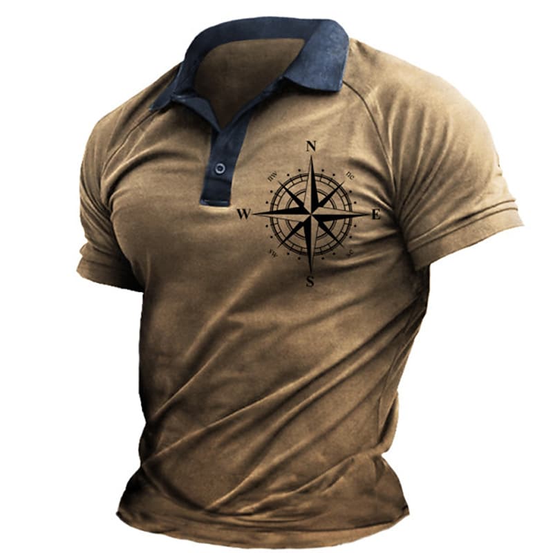 Men's 3D Print Compass Casual Button-Down Short Sleeve Polo T-shirt
