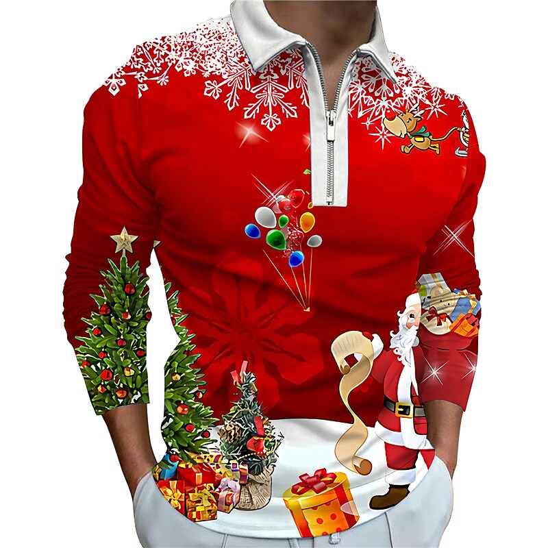 Printrendy Men's Santa Claus Christmas Long Sleeve Half Zipper T-shirt