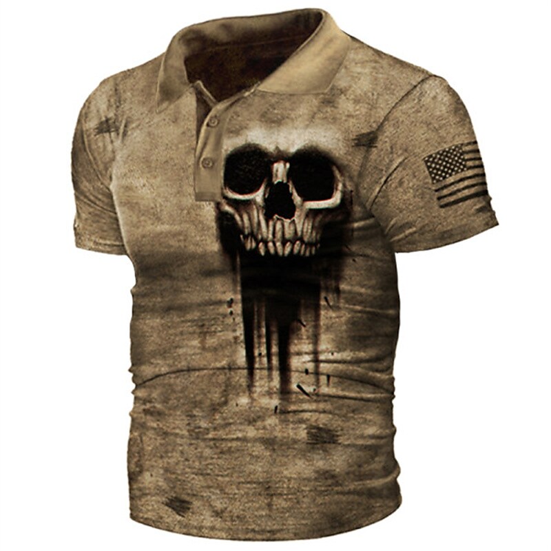 Men's 3D Print Skull Casual Polo T-shirt