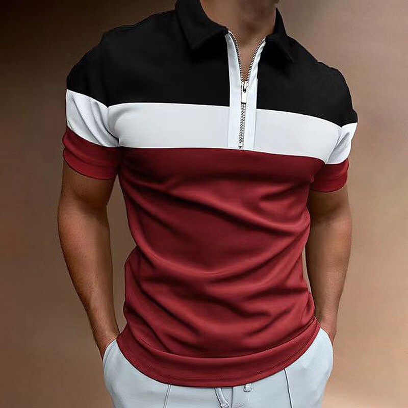 Men's Color Block Casual Zipper Short Sleeve Polo T-shirt