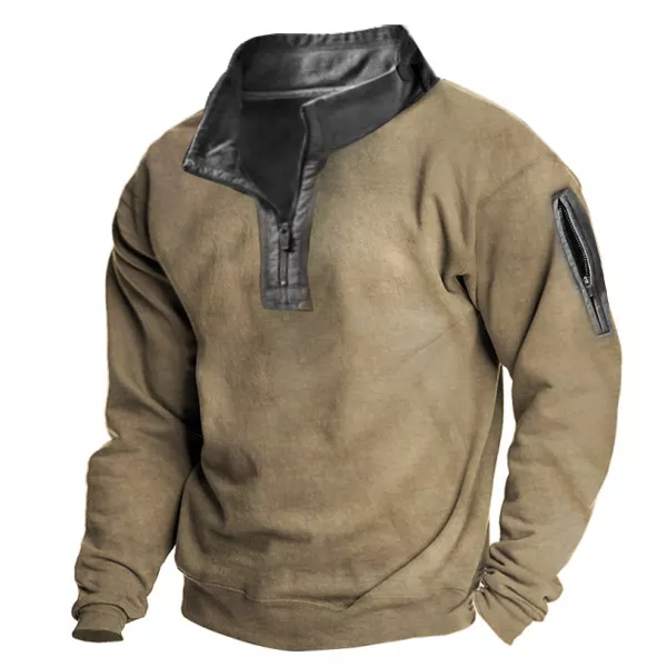 Printrendy Men's Pullover Stand Collar Solid Color Half Zipper Contrasting Collar Outdoor Sweatshirts