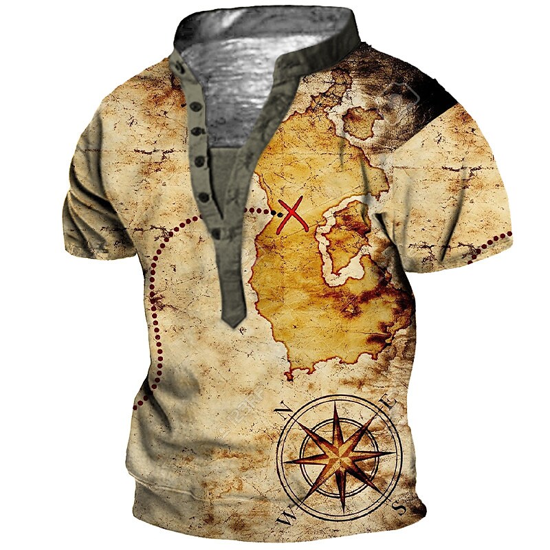 Men's Henley 3D Print Map Compass T-shirt