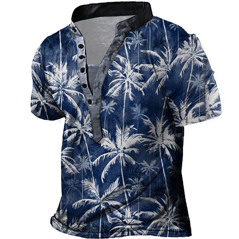 Men's 3D Print Graphic Patterned Coconut Tree Collar Henley T shirt