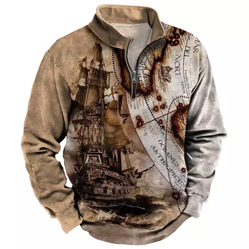 Printrendy Men's Pullover 3D Print Graphic Prints Boat Half Zipper Casual Sweatshirts