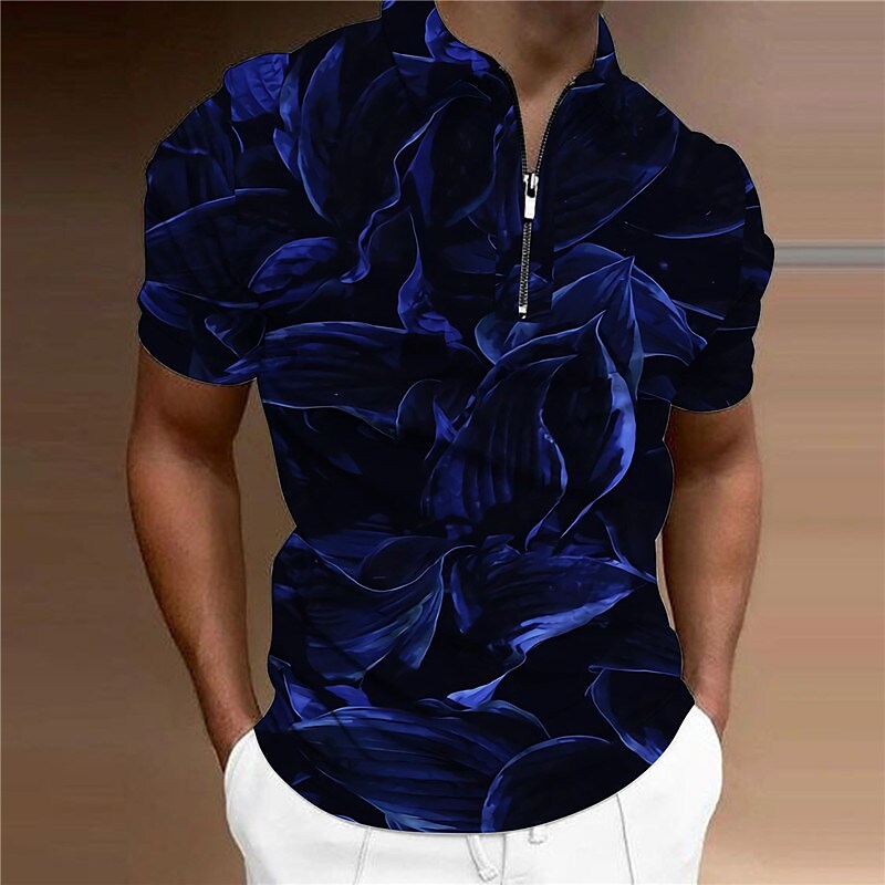Men's 3D Print Floral Casual Zipper Short Sleeve Polo T-shirt