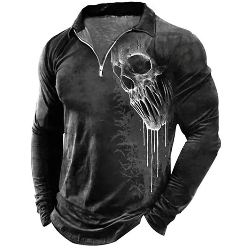 Printrendy Men's Golf Shirt 3D Print Skull Half Zip Long Sleeve T-shirt