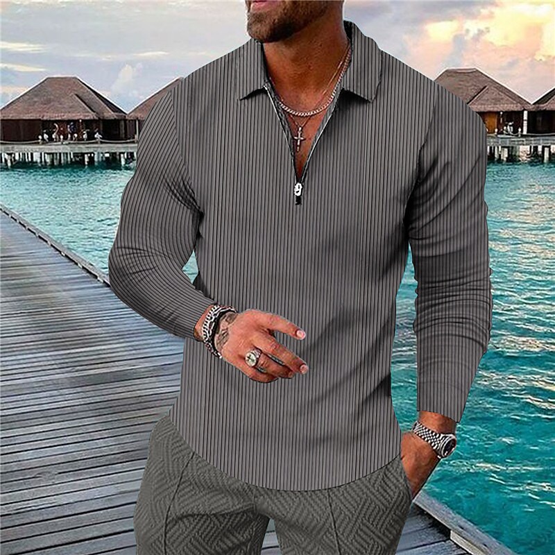 Printrendy Men's Golf Shirt 3D Print Striped Long Sleeve Zipper Polo T-shirt