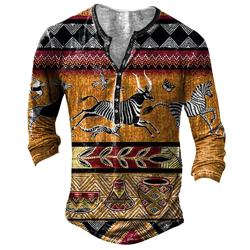 Printrendy Men's Henley 3D Print Vintage Tribal Long Sleeve Button-Down T-shirt