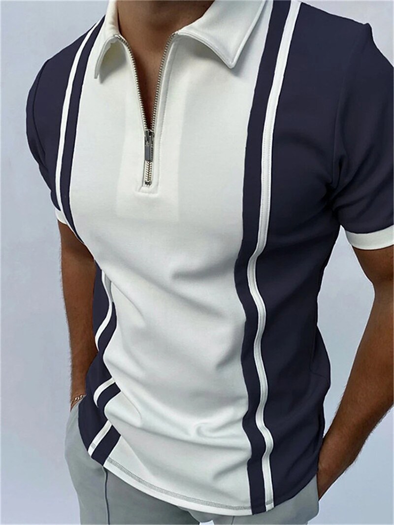 Men's Golf Shirt Striped Turndown Casual Daily Zipper Print 