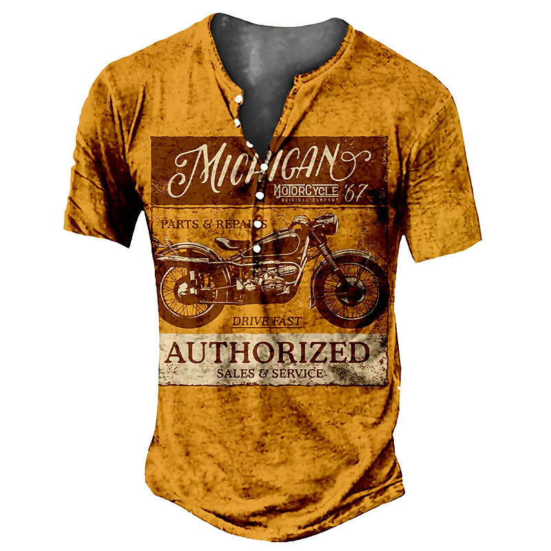 Men's 3D Print Graphic Motorcycle Letter Henley T-shirt 