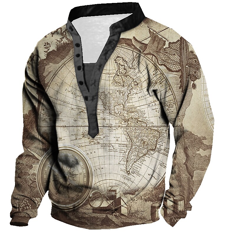 Printrendy Men's Pullover 3D Print Map Graphic Prints Button Up Casual Sweatshirts