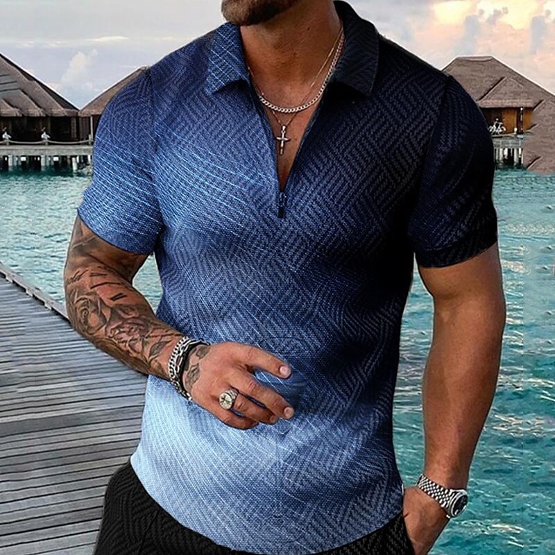 Men's 3D Print Gradient Zipper Short Sleeve Polo T-shirt