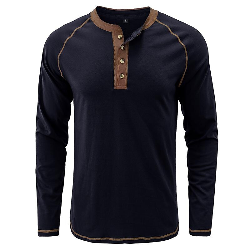 Men's Solid Color Contrast Henley Casual Daily Long Sleeve T-shirt (Contrasting Stitching)