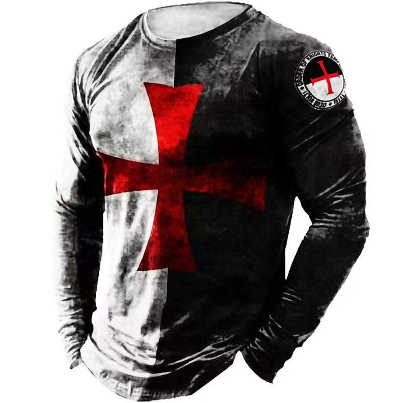 Printrendy Men's 3D Print Graphic Prints Cross Color Block Crew Neck Long Sleeve T-shirt