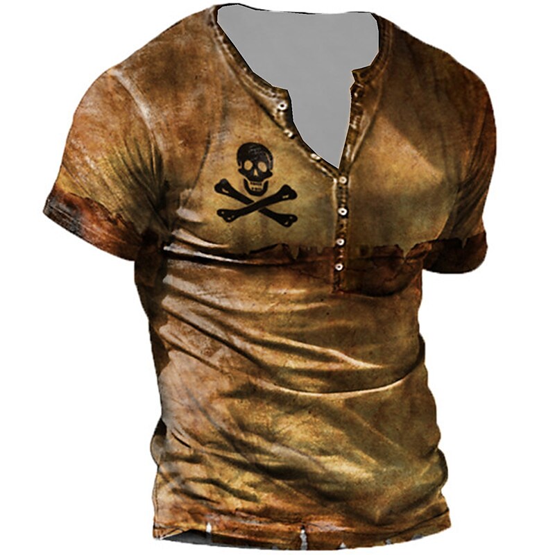 Printrendy Men's Henley 3D Print Graphic Skull Short Sleeve Button-Down T-shirt