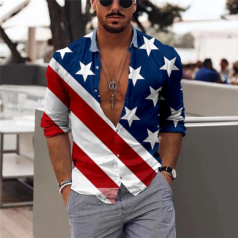 Men's 3D Print National Flag Collar Casual Shirt