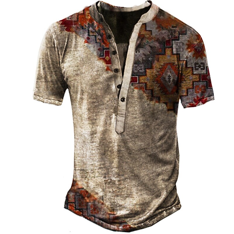 Men's 3D Print Graphic Color Block Henley T shirt