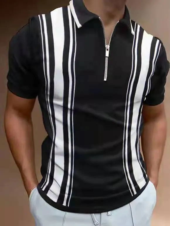 Men's Striped Tartan Letter Standing Collar Going Out Golf Shirt