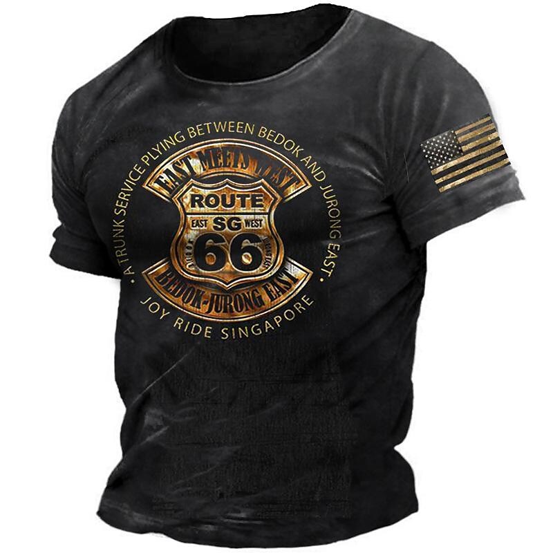 Printrendy Men's Vintage Route 66 Print Crew Neck Short Sleeve T-shirt
