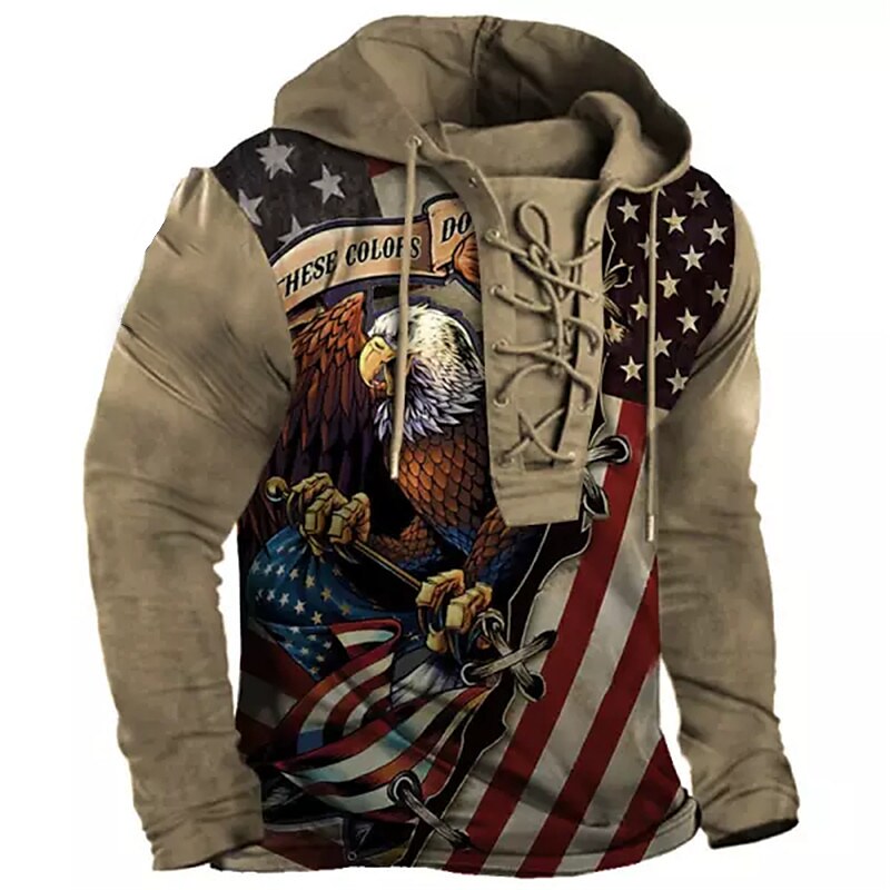 Printrendy Men's Pullover Graphic Prints Eagle National Flag Lace up 3D Print Hoodie Sweatshirt