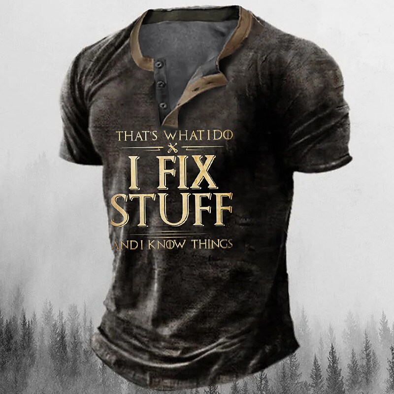 Men's Graphic Letter 3D Print Short Sleeve Button-Down Comfortable Henley T-Shirt