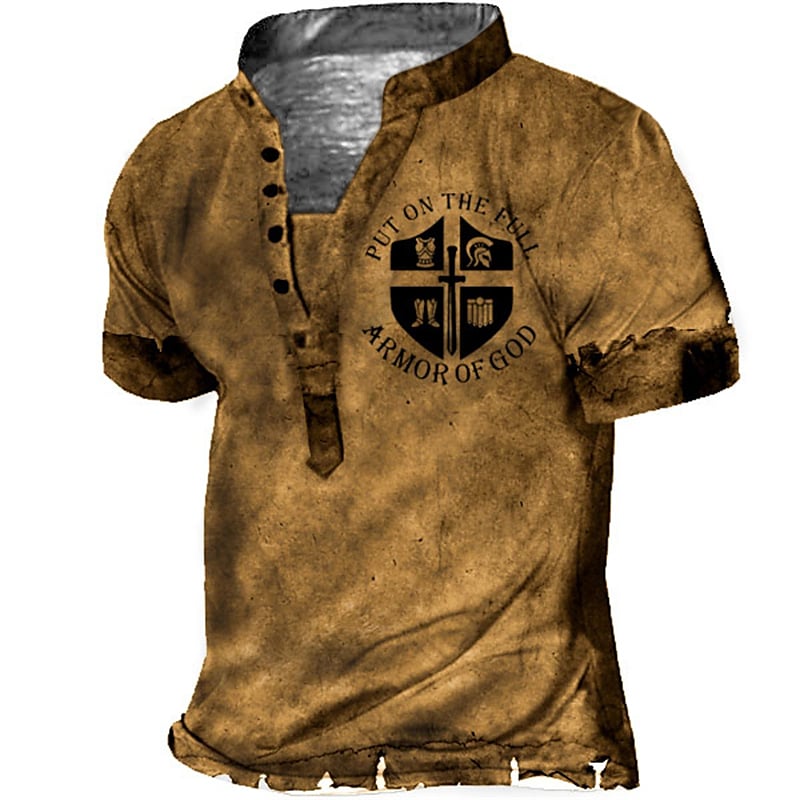 Men's 3D Print Graphic Letter Stand Collar Button-Down Short Sleeve T-shirt