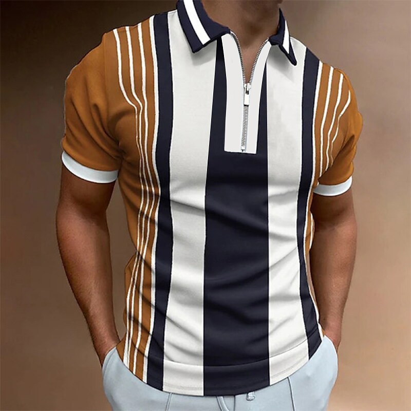 Men's Striped Casual Zipper Short Sleeve Polo T-shirt