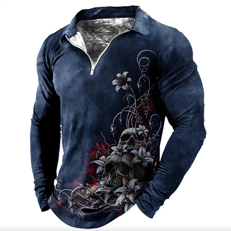 Printrendy Men's Golf Shirt 3D Print Floral Skull Half Zip Long Sleeve T-shirt Halloween