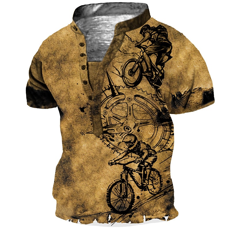 Men's 3D Print Graphic Patterned Bicycle Stand Collar Henley T shirt