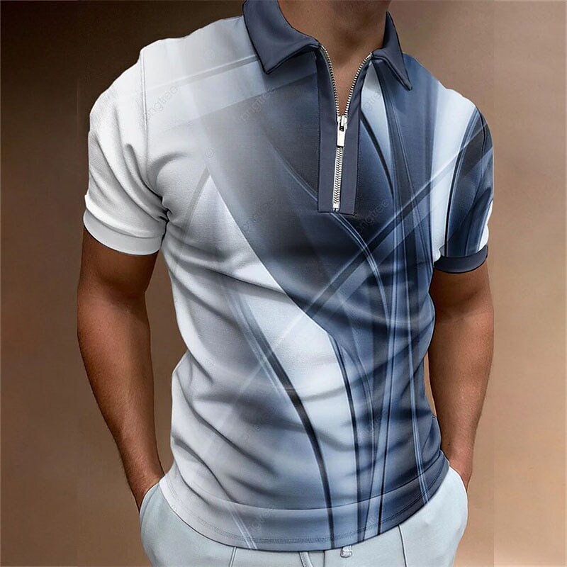 Men's 3D Print Streamer Turndown Street Daily Zipper T-shirt