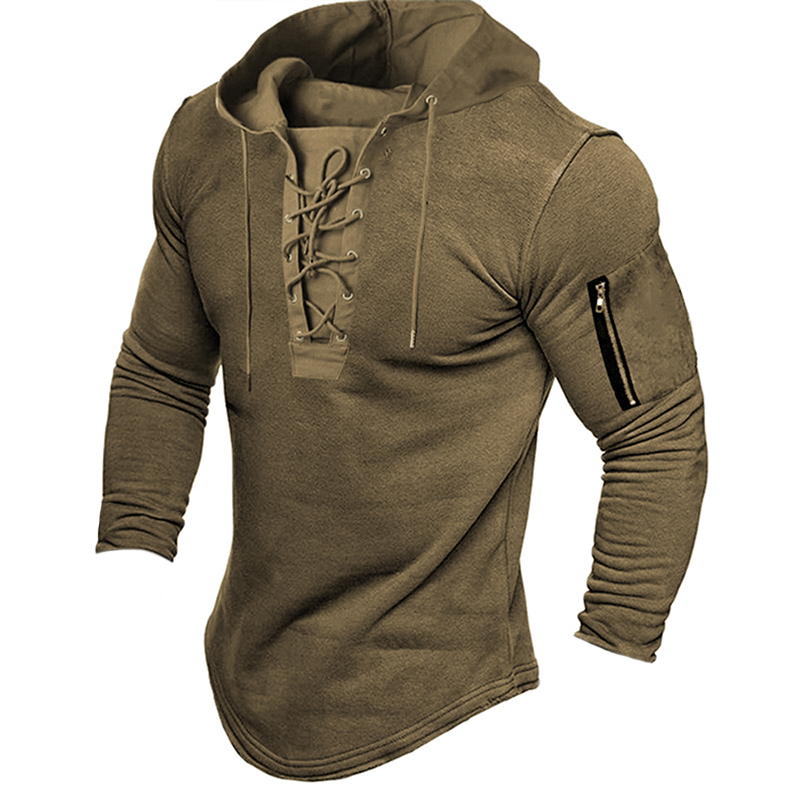 Printrendy Men's Pullover Solid Color Lace up Hoodie Sweatshirt