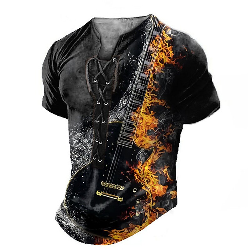 Men's Graphic Guitar 3D Print Short Sleeve Lace up Comfort Henley T-Shirt