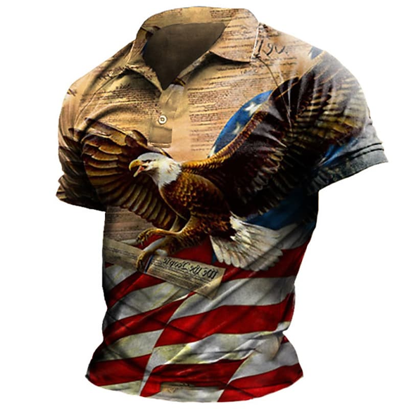 Men's 3D Print Eagle Casual Button-Down Polo T-shirt