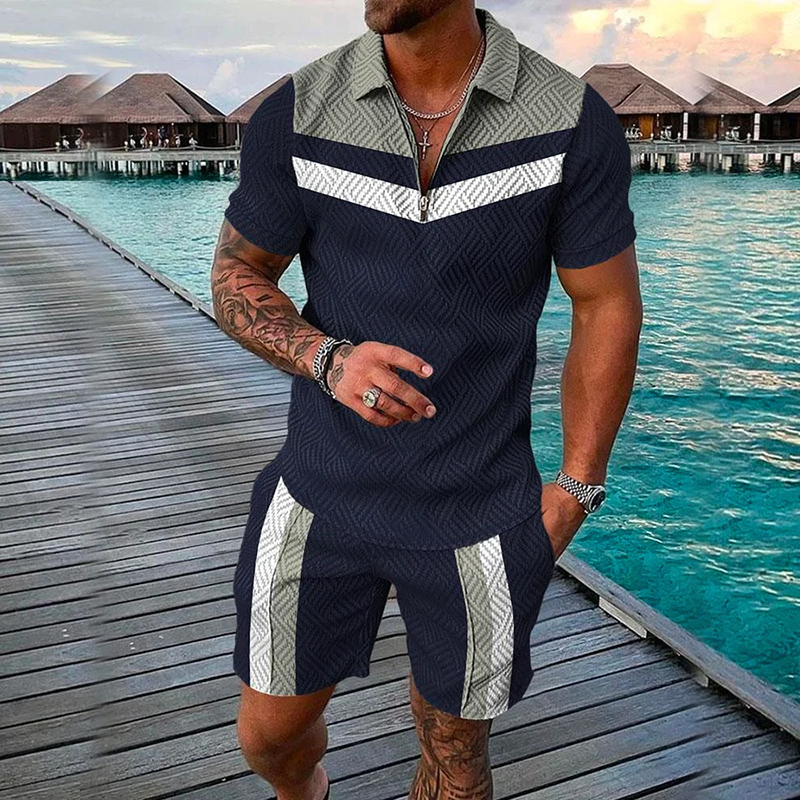Men's 3D Print Color Block Zipper Casual Short Sleeve Polo Shirt Two-piece Set