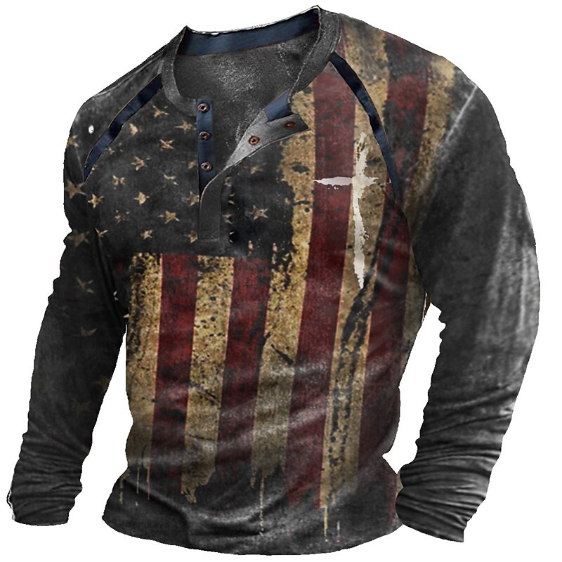 Men's 3D Print Graphic Patterned National Flag Patchwork Button-Down Long Sleeve  Henley T-shirt