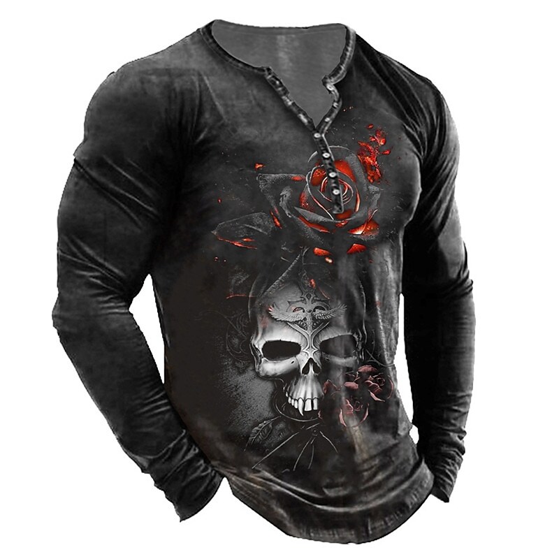 Printrendy Men's Henley 3D Print Graphic Skull Rose Long Sleeve T-shirt