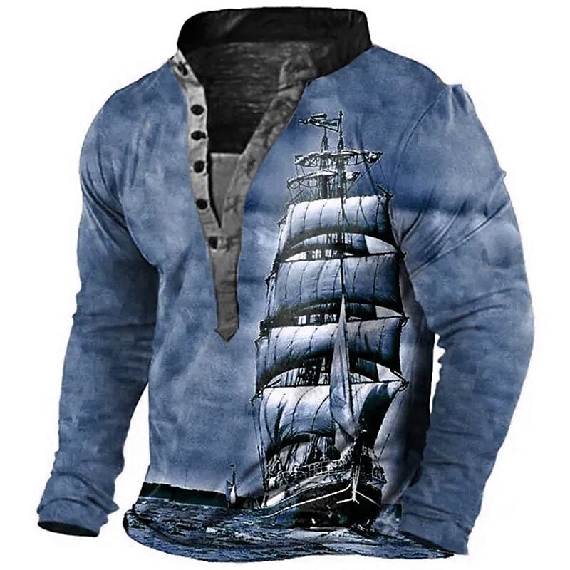 Men's Graphic Ship 3D Print Outdoor Long Sleeve Button-Down Comfortable Henley T-Shirt