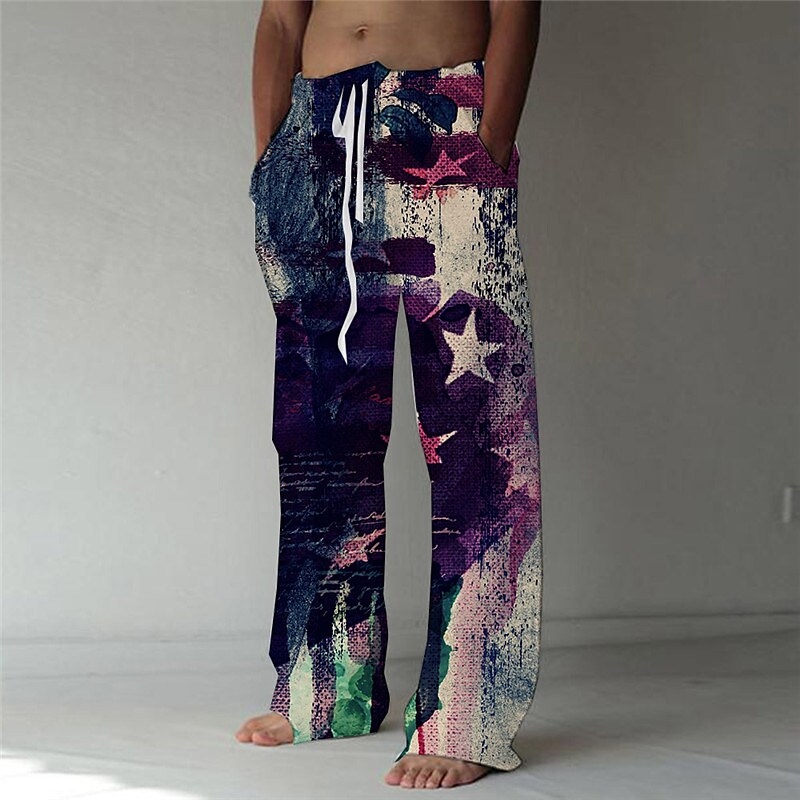 Men's 3D Print Elastic Drawstring Straight Trouser