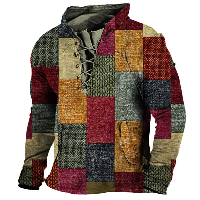 Printrendy Men's 3D Print Plaid Graphic Prints Tartan Lace up Pullover Hoodie Sweatshirt
