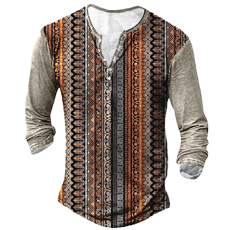 Printrendy Men's Henley 3D Print Vintage Ethnic Graphic Tribal Long Sleeve Button-Down T-shirt